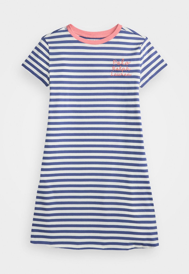 Ριγέ φόρεμα σε μπλε και άσπρο, κοντομάνικο, με ροζ στρογγυλή λαιμόκοψη. Διαθέτει κεντημένο λογότυπο στο στήθος. Μαλακό ύφασμα.