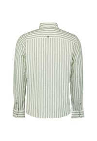 Langsleeve shirt in lichtgroen en witte verticale strepen. Zachte stof met een knoopmanchet en een rugnaad. Klassiek col ontwerp.
