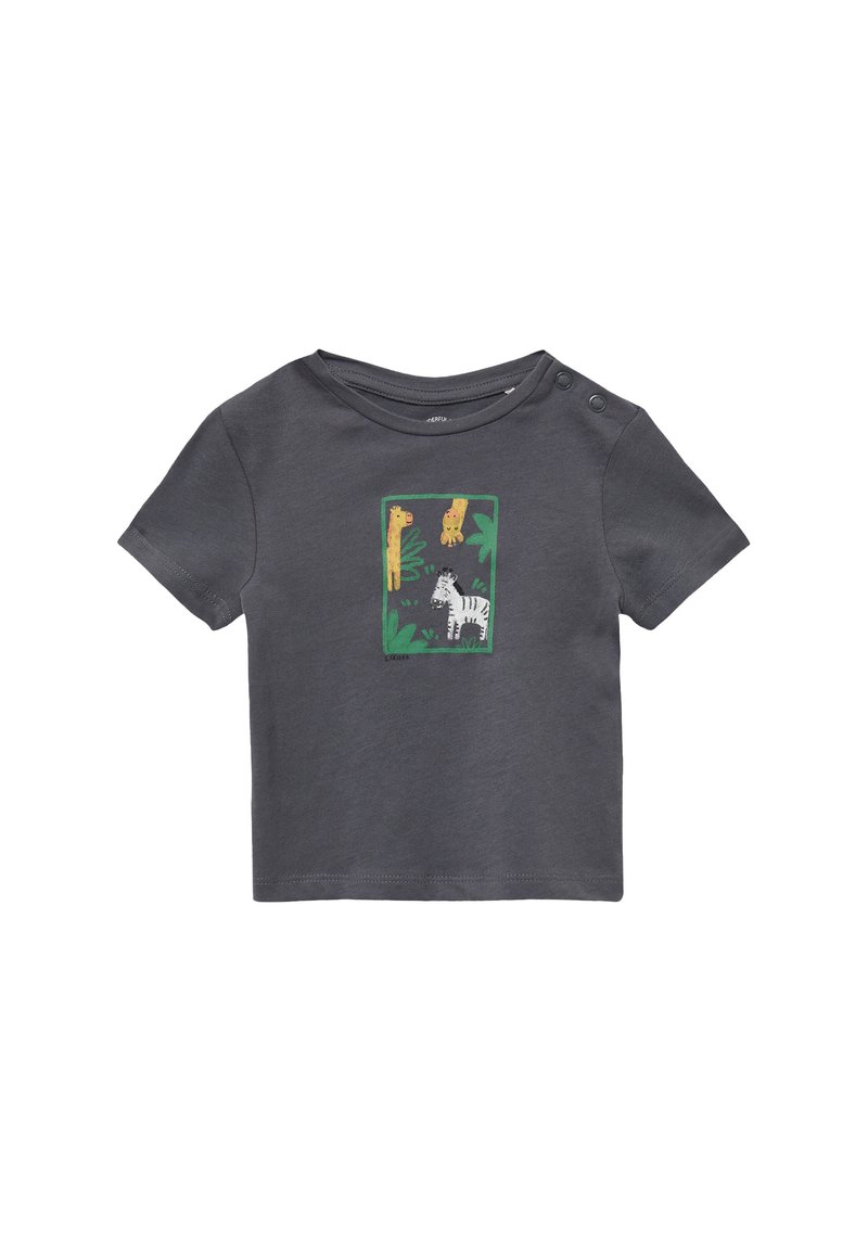 Grijze t-shirt met korte mouwen van zachte stof, met een kleurrijke dierenprint met twee gele tijgers en een zwart-witte zebra op een groene achtergrond.