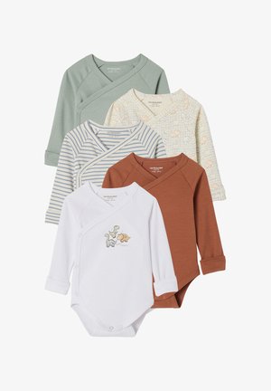 Set aus fünf Langarm-Babykombis in Grün, Creme mit Tiergitterdruck, Blau und weißen Streifen, Rost und Weiß mit Dinosaurier-Stickerei.