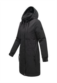 Black parka jacket with a high collar, adjustable hood, front pockets, and elastic cuffs. Features textured fabric and drawstring accents.