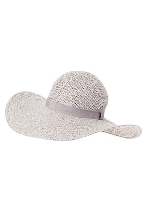 Jasnoszary szeroki kapelusz przeciwsłoneczny z plecionki, z dopasowaną materiałową opaską wokół korony, prezentowany na białym tle.