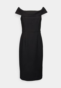 Schwarzes schulterfreies Kleid mit taillierter Silhouette, knielangem Schnitt und glatter Textur. Verfügt über einen gefalteten Ausschnitt und keine sichtbaren Muster.
