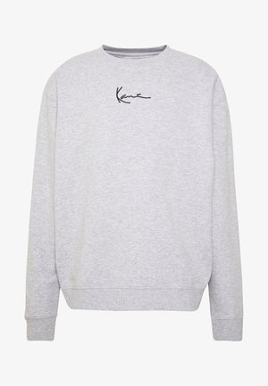 Hallukas halli sviiter, mis on valmistatud pehmest kangast, meeskonna kaelusega, pikkade varrukatega ja minimalismi musta signeeringuga rinnal.