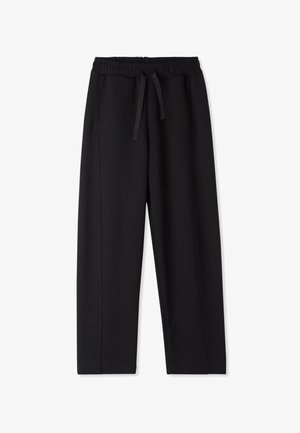 Pantaloni della tuta neri realizzati in un materiale morbido, dotati di una vita elastica, cordino regolabile e due tasche laterali. Design semplice.