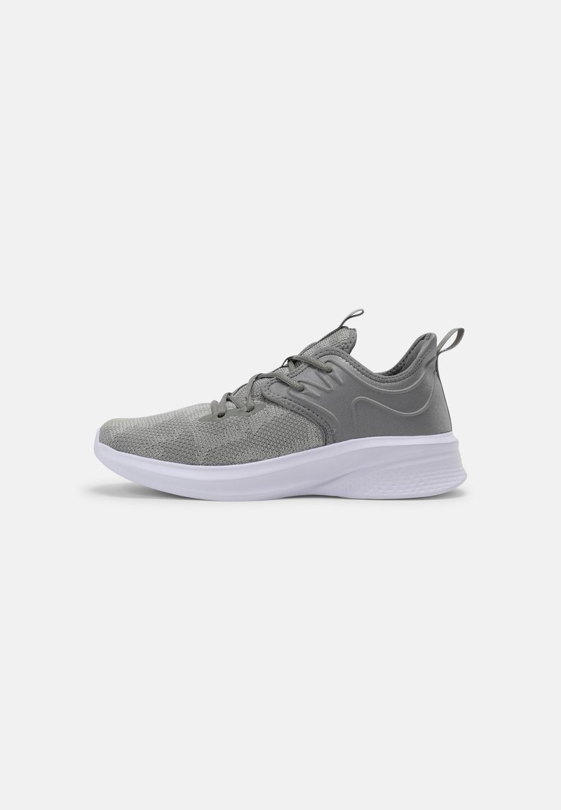 Gray athletic shoes with a textured mesh upper, white midsole, and laces. Features a pull tab on the heel for easy wear.