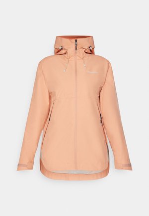 Light peach waterproof jacket with a hood, front zipper, adjustable drawstrings, and two side pockets. Smooth texture, lightweight design.