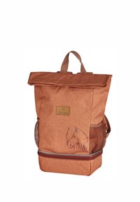 Brauner Stoff-Rucksack mit umschlagbarem Deckel, Pferdegrafik, Netz-Seitentasche und kontrastierender Reißverschlussakzent. Verfügt über einen Tragegriff.