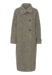 Cappotto in lana a quadri houndstooth grigio e nero, con collo ampio, due bottoni e maniche a tre quarti, dal taglio leggermente oversize.