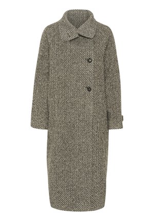 Szürke és fekete houndstooth gyapjú kabát, széles gallérral, két gombbal és háromnegyed ujjal, enyhén túlméretezett szabással.