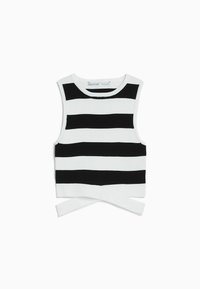 Ärmös croptopp med horisontella svartvita ränder och en vit knytning vid fållen.