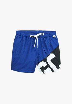 Pantaloncini da bagno blu con coulisse bianca e motivo geometrico bianco e nero sulla gamba destra.