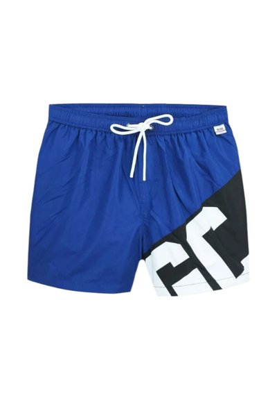 Pantaloncini da bagno blu con coulisse bianca e motivo geometrico bianco e nero sulla gamba destra.