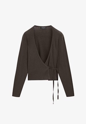 Mørkebrun slå-om cardigan med dybt V-udskæring og lange ærmer. Har bindelukning på venstre side og et kort snit. Blød tekstur.