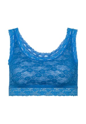 Blauwe kant bralette met een ronde halslijn, decoratieve geschulpte randen en een rekbare stof voor een comfortabele pasvorm. Bloemig kantpatroon overal.