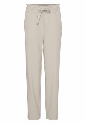 Beige, leichte Hose mit elastischem Bund und verstellbarem Kordelzug. Gerade Beinform, glatte Textur und keine sichtbaren Muster.
