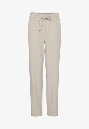 Beige, lightweight trousers with an elastic waistband and adjustable tie. Straight-leg design, smooth texture, and no visible patterns.