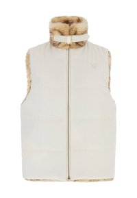 Gewatteerd vest met een crèmekleurige buitenlaag en een nepbontkraag. Voorzien van een ritssluiting, verticale naden en een subtiel logo aan de voorkant.