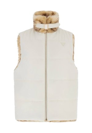 Kamizelka puchowa z kremową zewnętrzną warstwą i kołnierzem z futerka sztucznego. Posiada zamek błyskawiczny, pionowe szwy oraz subtelne logo z przodu.