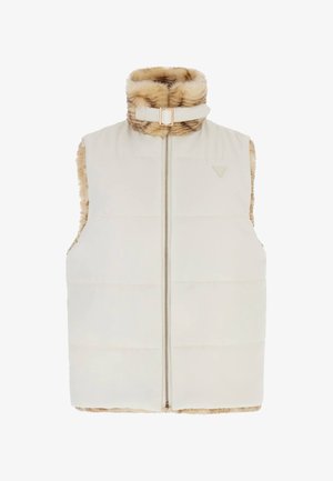 Kamizelka puchowa z kremową zewnętrzną warstwą i kołnierzem z futerka sztucznego. Posiada zamek błyskawiczny, pionowe szwy oraz subtelne logo z przodu.