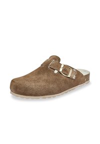 Bruine suede klomp met een gespsluiting, ronde neus en een gestructureerde zool. Bevat gestikte details en een zachte binnenvoering voor comfort.