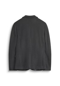 Blazer nero dal design slim-fit. Tessuto liscio, spacchetto posteriore unico e rever a gola. Forma sagomata con spalle strutturate.
