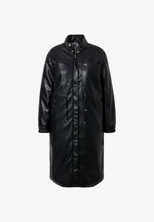 Schwarzer Kunstledermantel mit Kragen, zwei Brusttaschen, verstellbarem Taillenzug und elastischen Bündchen für eine lässige Passform.