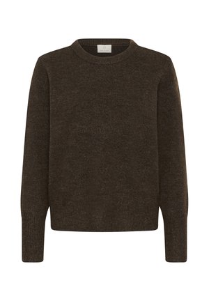 Brauner Strickpullover mit Rundhalsausschnitt, langen Ärmeln und lockerer Passform. Hergestellt aus weichem, strukturiertem Material mit einem dezenten Muster.