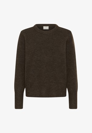 Brown knitted sweater with a crew neckline, long sleeves, and a relaxed fit. Made from soft, textured material with a subtle pattern.