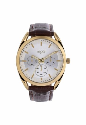 Analoguhr in Goldoptik mit weißem Zifferblatt, drei Hilfszifferblättern, braunem Lederarmband und "regal"-Logo in der Mitte.