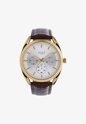 Montre analogique ton or avec cadran blanc, trois sous-cadrans, bracelet en cuir marron et logo "regal" au centre.