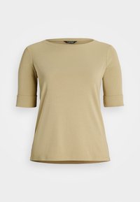 Top beige a maniche corte con scollatura rotonda e polsini arrotolati, realizzato in un tessuto liscio. Presenta un orlo dritto e dettagli minimi.