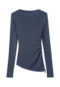 Haut pour femme bleu foncé à manches longues avec col rond et des fronces latérales subtiles sur un côté pour une coupe ajustée.