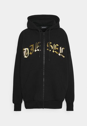Sweat à capuche noir zippé avec capuche et cordons, avec logo texte gothique doré sur la poitrine et poches kangourou à l'avant.