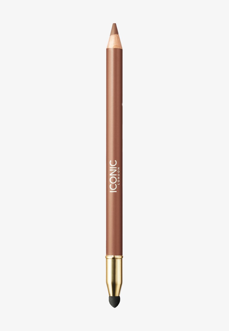 Brun lipliner blyant med spiss tupp og gullakcentert bunn, med en glatt overflate og "ICONIC LONDON" merke.