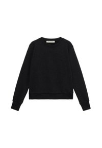 Czarna bluza z miękkiego materiału, z długimi rękawami, okrągłym dekoltem, ribbowanym mankietem i dołem oraz subtelnym logo z przodu.