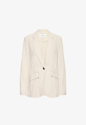 Beige Leinenblazer mit einem einzelnen schwarzen Knopf, mit Reverskragen und zwei Vorderentaschen; leichter Stoff und taillierte Passform.