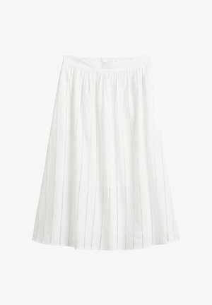 Weißer A-Linien-Rock mit vertikalen Lochstickerei-Streifenmustern und gesammeltem elastischem Bund.