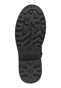 Suola in gomma nera con motivi di battistrada geometrici, accenti circolari e fori di ventilazione. Presenta il marchio "GEOX" e un dettaglio di brevetto italiano.