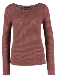 Pull en maille à manches longues couleur rose poussiéreuse, avec une maille lâche ajourée et un col rond.