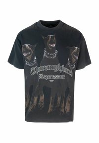 T-shirt grafico nero con tre cani Doberman con collari d'argento. La scritta "Rappresentanza Pura" è in un carattere bold. Maniche corte.