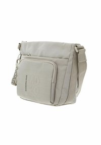 Beige messenger bag made of durable fabric, featuring a front zipper pocket, adjustable strap, and embossed logo detail. Smooth texture.