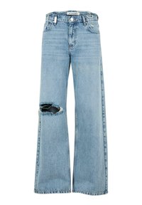 Heledad sinine teksad, millel on laiad sääred, suur põlverebimine, ragiseeritud ääred ja minimaalne riistvara vööl. Üksik disain.