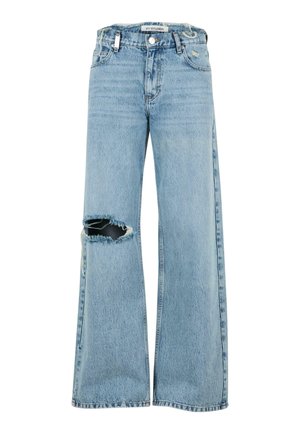 Heledad sinine teksad, millel on laiad sääred, suur põlverebimine, ragiseeritud ääred ja minimaalne riistvara vööl. Üksik disain.