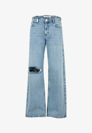 Heledad sinine teksad, millel on laiad sääred, suur põlverebimine, ragiseeritud ääred ja minimaalne riistvara vööl. Üksik disain.