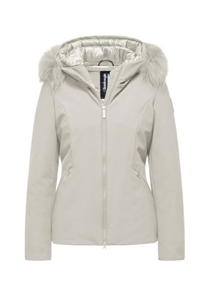 Helle graue Jacke mit Kapuze aus Kunstfell, mit Reißverschluss, zwei Seitentaschen, glattem Stoff und gestepptem Innenfutter.