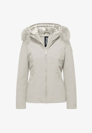 Jasnoszara kurtka z kapturem wykończonym sztucznym futrem, zamek błyskawiczny, dwie kieszenie boczne, gładki materiał oraz pikowana podszewka.