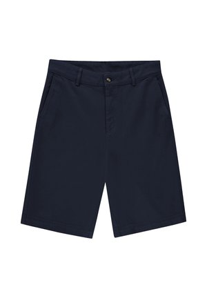 Tengerészkék térdig érő rövidnadrág övbújtatókkal, elülső gombos záródással és oldalzsebekkel fehér háttéren.