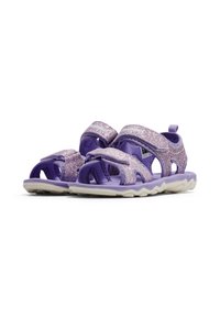Lila sandaler med en glittrande design, justerbara remmar, öppen tå-stil och ett texturerat gummisul för grepp.