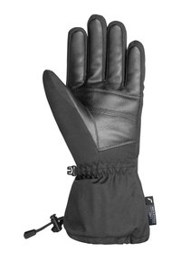 Schwarze wasserdichte Handschuhe mit Lederhandschuh, strukturiertem Griff, elastischem Handgelenk und verstellbarem Kordelzug für einen sicheren Sitz.